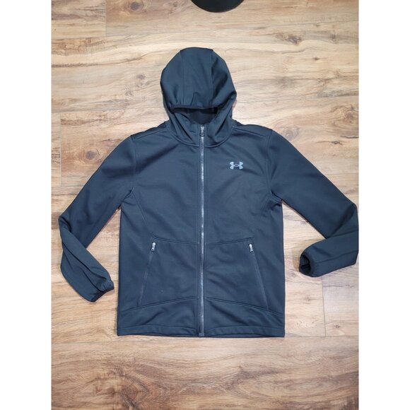 Under Armour Boys YLG Large Cold Gear Black Logo Jacket Full Zip Loose Fit - Picture 1 of 7